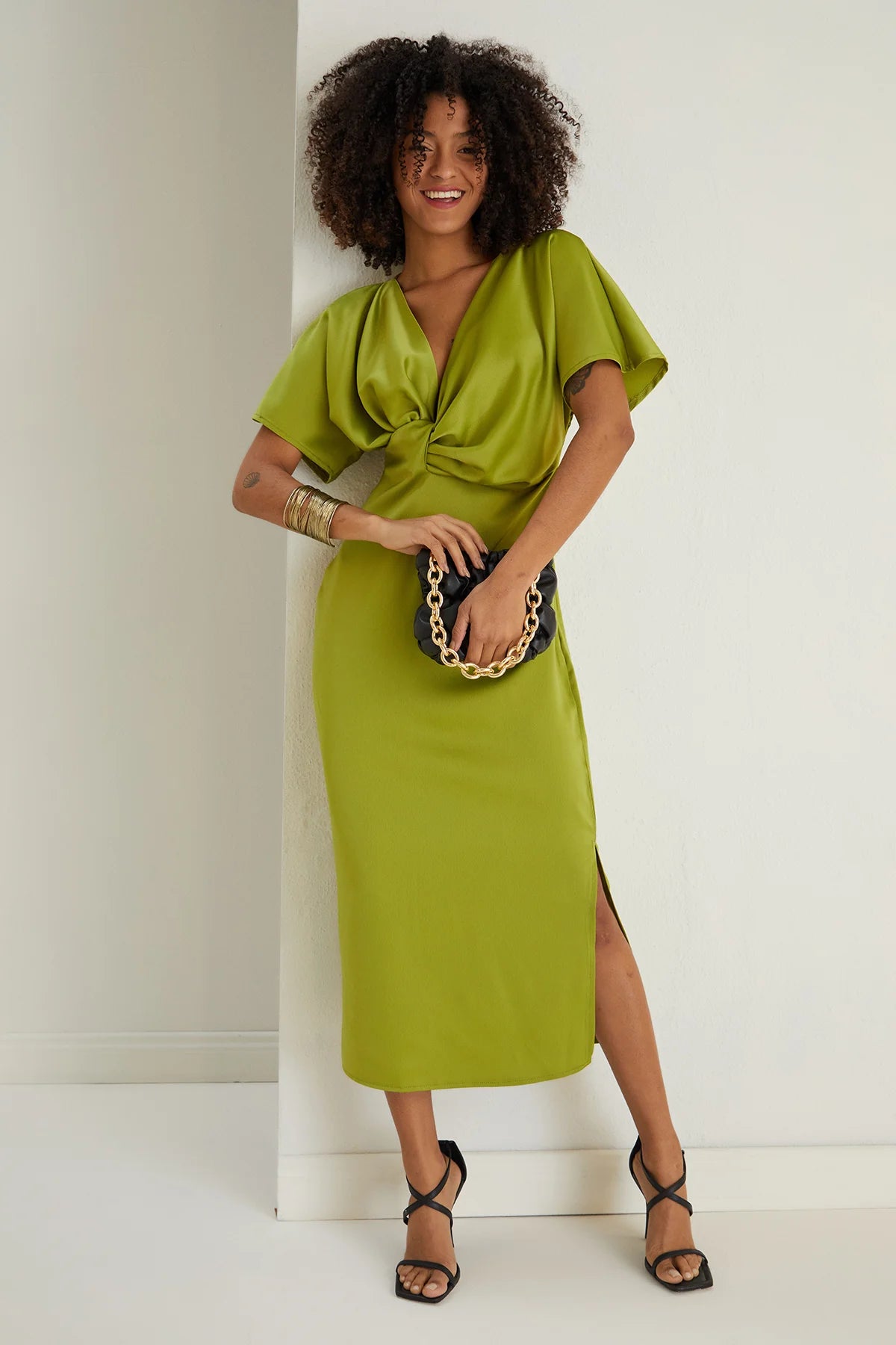 Farra Lime Green Twist Detail Satin Midi Dress